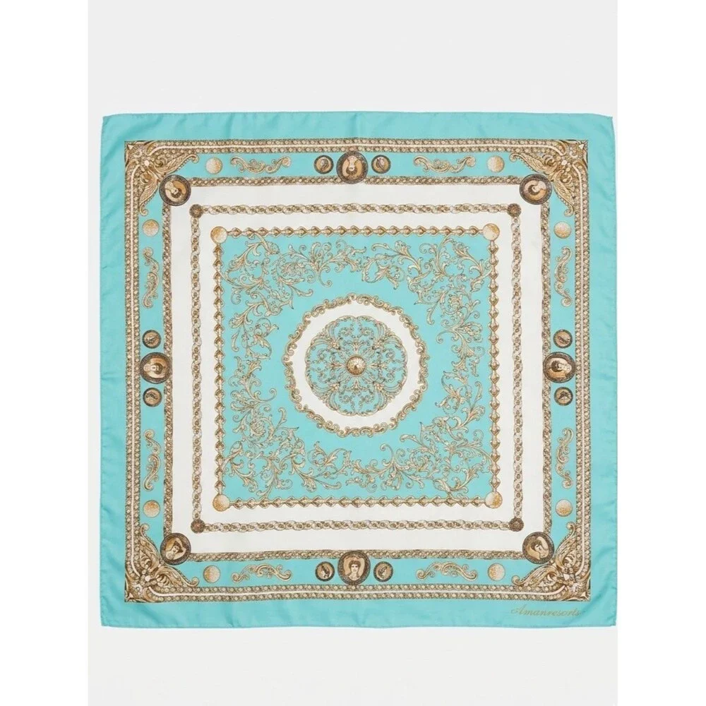 Vintage Monaco-Monte Carlo Teal Blue Gold Baroque Square Scarf Made in Italy